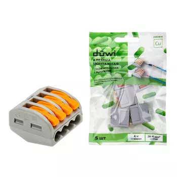 клемма рычажковая DUWI 4-проводная СМК 222-414 4 кв.мм 5шт серая