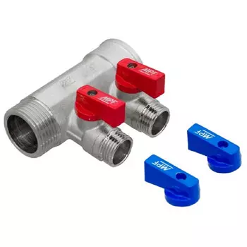 коллектор 2 выхода 1"х1/2" НР с отсекающими кранами латунь