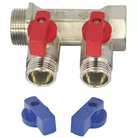 коллектор 2 выхода 3/4"х1/2" НР с отсекающими кранами латунь