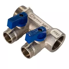 коллектор 2 выхода CTM 3/4" х 1/2" НР латунь с отсекающими кранами