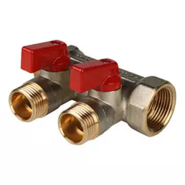 коллектор 2 выхода STOUT 3/4"х1/2" НР с отсекающими кранами красные ручки латунь
