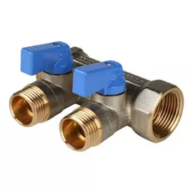 коллектор 2 выхода STOUT 3/4"х1/2" НР с отсекающими кранами синие ручки латунь