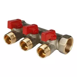 коллектор 3 выхода STOUT 3/4"х1/2" НР с отсекающими кранами красные ручки латунь