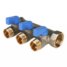 коллектор 3 выхода STOUT 3/4"х1/2" НР с отсекающими кранами синие ручки латунь