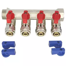 коллектор для металлопластиковых труб, 3, 4"х16 с отсекающими кранами, 4 выхода