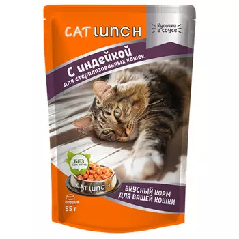 корм для кошек Кэт Ланч для стерилизованных кошек кусочки в соусе с индейкой пауч 85г