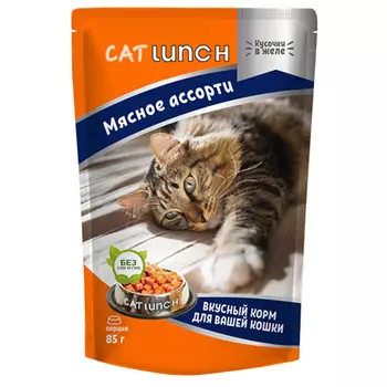 корм для кошек Кэт Ланч кусочки в желе мясное ассорти пауч 85г