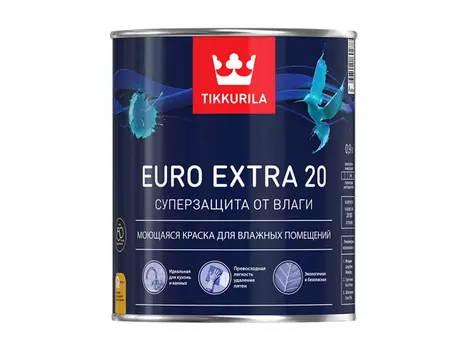 краска акриловая TIKKURILA Euro Extra 20 база А для стен и потолков 0,9л белая, арт.700001105