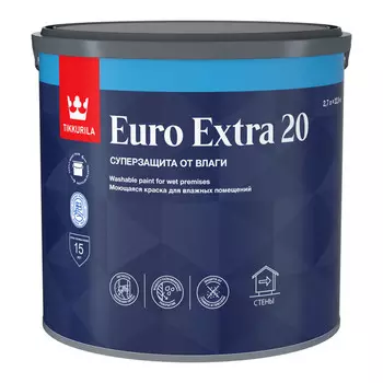 краска акриловая TIKKURILA Euro Extra 20 для стен и потолков база С 2,7л бесцветная, арт.700001109