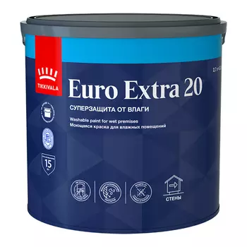 краска акриловая TIKKURILA Euro Extra 20 для стен и потолков база А 2,7л белая, арт.700001106