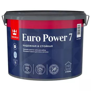 краска акриловая TIKKURILA Euro Power 7 для стен и потолков база С 9л бесцветная, арт.700001124