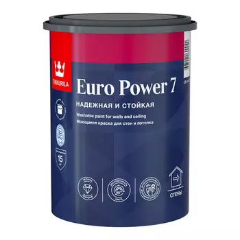 краска акриловая TIKKURILA Euro Power 7 для стен и потолков база С 0,9л бесцветная, арт.700001122