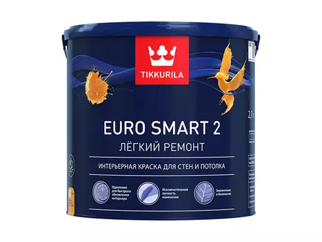 краска акриловая TIKKURILA Euro Smart 2 база A для стен и потолков 2,7л белая, арт.700001103