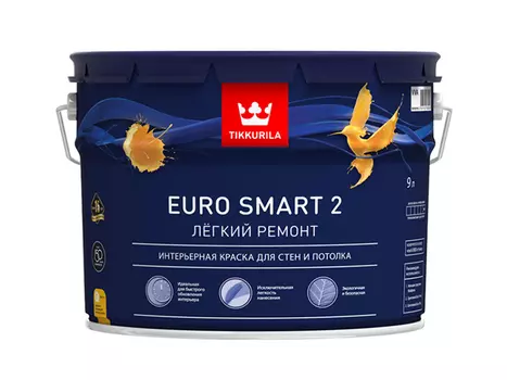 краска акриловая TIKKURILA Euro Smart 2 база A для стен и потолков 9л белая, арт.700001104