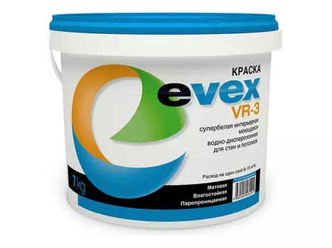 краска в/д EVEX ВР-3 интерьерная супербелая для влаж. помещ. 7кг., арт.Эвекс ВР-3