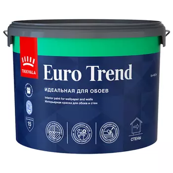 краска в/д TIKKURILA Euro Trend для обоев и стен база A матовая 9л белая, арт.700009620