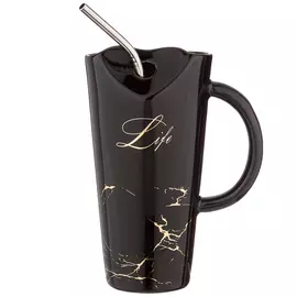 кружка LEFARD Break time черная 480мл с металлической трубочкой фарфор