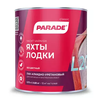 лак алкидно-уретановый PARADE L20 яхтный глянцевый 0,75л, арт.0006106