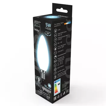 лампа филаментная GAUSS 5Вт LED Е14 450Лм LED 4100К milky Свеча