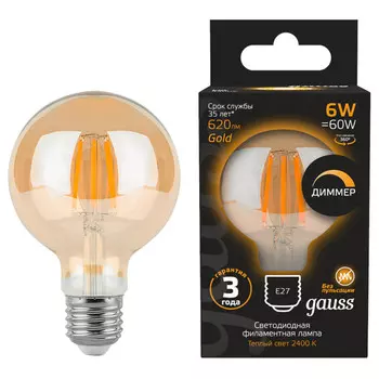 лампа филаментная GAUSS 6Вт Е27 LED 620Лм 2400К G95 golden диммируемая