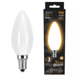 лампа филаментная GAUSS 9Вт Е14 LED 590Лм 3000К milky свеча
