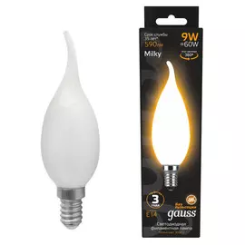лампа филаментная GAUSS 9Вт Е14 LED 590Лм 3000К milky свеча на ветру