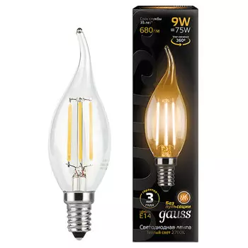 лампа филаментная GAUSS 9Вт Е14 LED 680Лм 2700К свеча на ветру