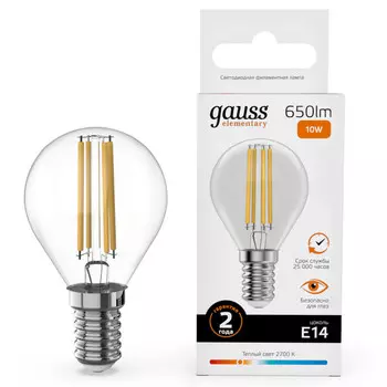 лампа филаментная GAUSS Filament Elementary 10Вт Е14 LED 650Лм 2700К шар