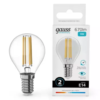 лампа филаментная GAUSS Filament Elementary 10Вт Е14 LED 670Лм 4100К шар