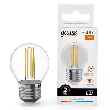 лампа филаментная GAUSS Filament Elementary 10Вт Е27 LED 650Лм 2700К шар