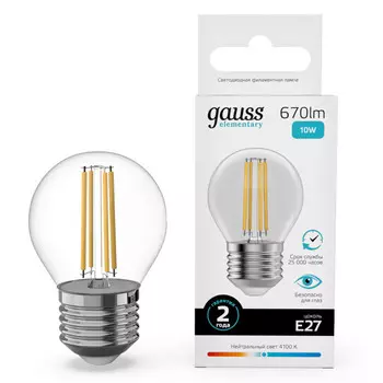 лампа филаментная GAUSS Filament Elementary 10Вт Е27 LED 670Лм 4100К шар