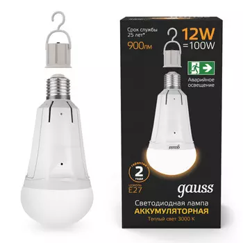 лампа Gauss 12Вт Е27 900Лм LED 3000К авар. с Li-Ion аккумулятором груша