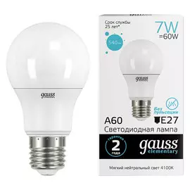 лампа GAUSS Elementary 7Вт E27 LED 540Лм 4100K A60 шар