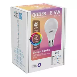 лампа GAUSS Smart Home 8,5Вт E27 LED 806Лм 2700/6500К A60 RGBW диммирование