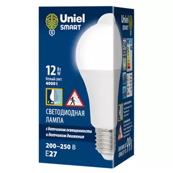 лампа светодиодная E27 12Вт 900Лм 4000К А60 с датчиками освещенности и движения груша