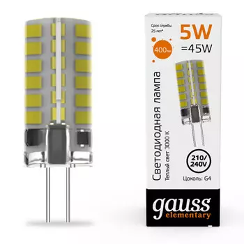 лампа светодиодная GAUSS Elementary 5Вт G4 LED 400Лм 240V 3000K капсула
