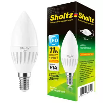 лампа светодиодная SHOLTZ 11Вт E14 828лм 2700K 220В свеча
