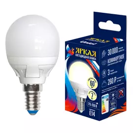 лампа светодиодная UNIEL 7Вт E14 600лм 2700K 220В шар G45