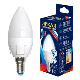 лампа светодиодная UNIEL 7Вт E14 600лм 4000K 220В свеча С37