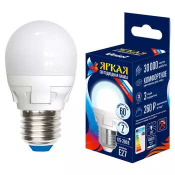 лампа светодиодная UNIEL 7Вт E27 600лм 4000K 220В шар G45