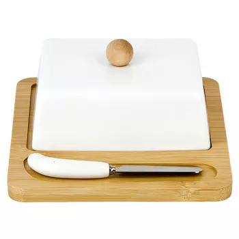 масленка NOUVELLE HOME Naturel 15х16х7см с ножом фарфор, бамбук