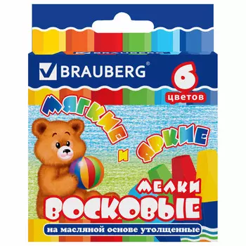 мелки восковые BRAUBERG 6цв масляная основа утолщенные