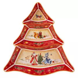 менажница LEFARD Дед мороз и снегурочка 3 секции 24х24х3см елка фарфор красная