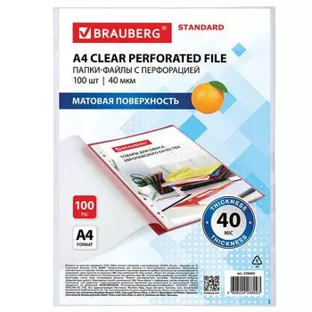 набор файлов перфорированные BRAUBERG Standard А4 100 шт 40 мкм матовые