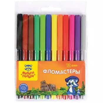набор фломастеров МУЛЬТИ-ПУЛЬТИ Енот в Италии 12цв 2мм смываемые круглые