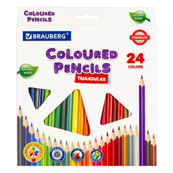 набор карандашей цветных BRAUBERG Premium 24 цвета трехгранные грифель мягкий 33 мм
