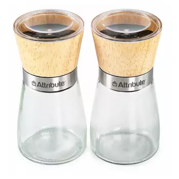 набор мельниц для специй ATTRIBUTE Spice wood 13,5см 2шт нерж.сталь, дерево, стекло
