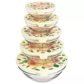 набор мисок AGNESS Винтажные пионы 5шт 0,15/0,25/0,45/0,63/1,15л стекло пластиковые крышки