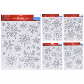 набор наклеек на окно Снежинки 30х42см глиттер серебро в асс-те