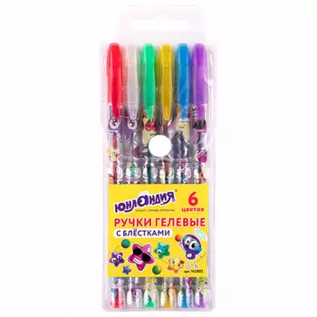 набор ручек гелевых ЮНЛАНДИЯ 0,5 мм 6шт с блестками в асс-те